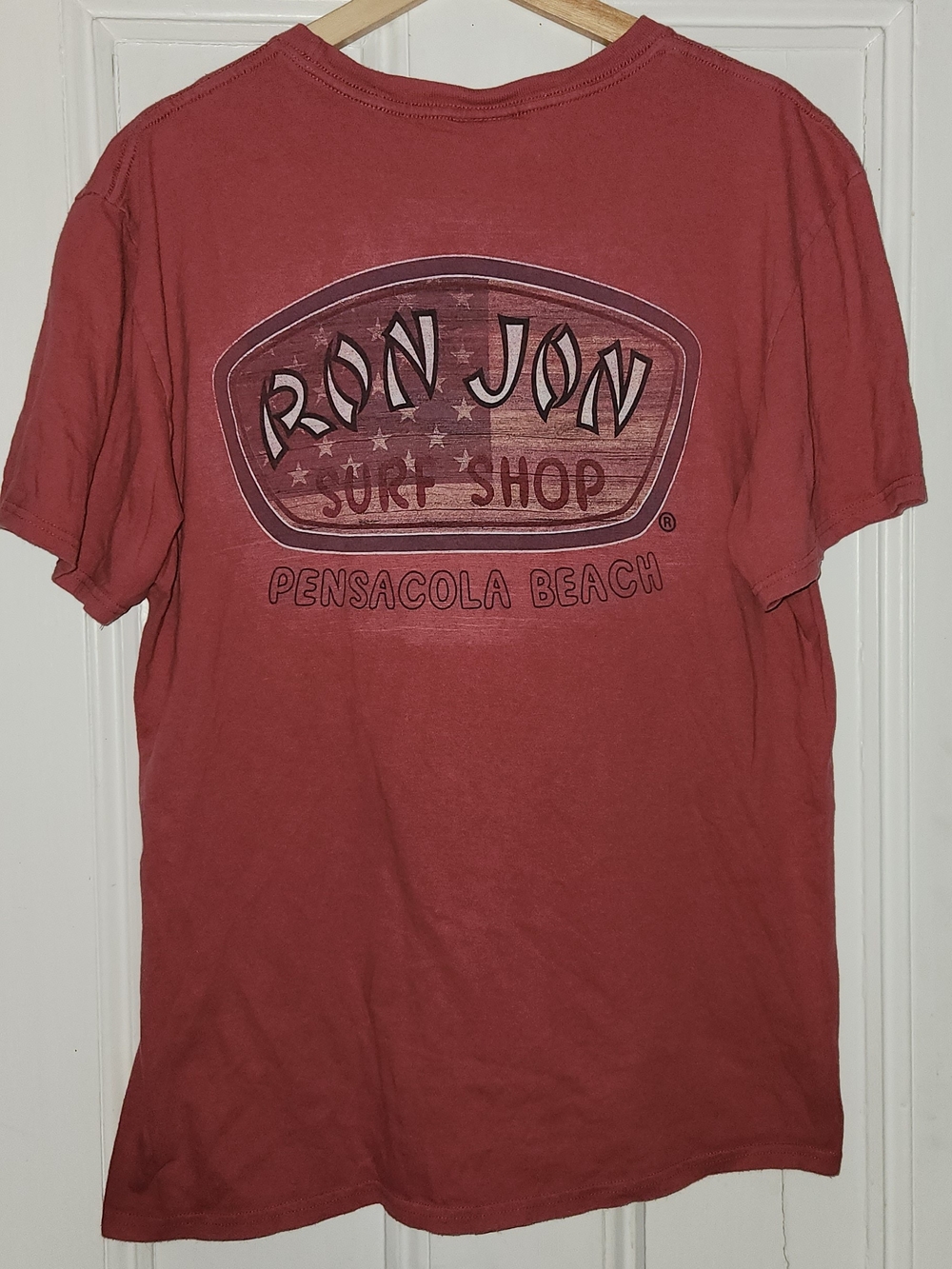 Ron Jon tshirt on A Port and Company Tag Mens Rust Red Crewneck Short Sleeve Tee - Picture 4 of 5